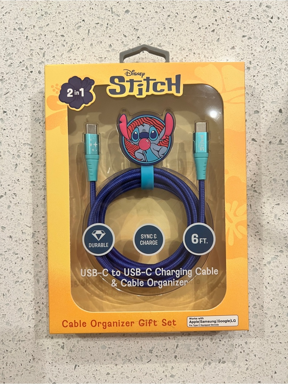 Disney Stitch 6ft Blue USB-C to USB-C Charging Cable with Cable Organizer